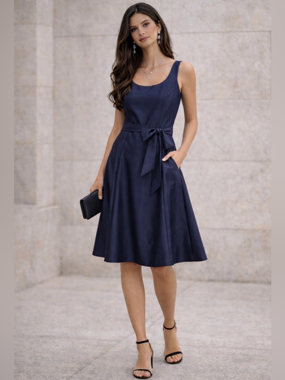 Ralph Lauren Silk Taffeta Fit & Flare Dress Navy Blue Sleeveless Waist Tie